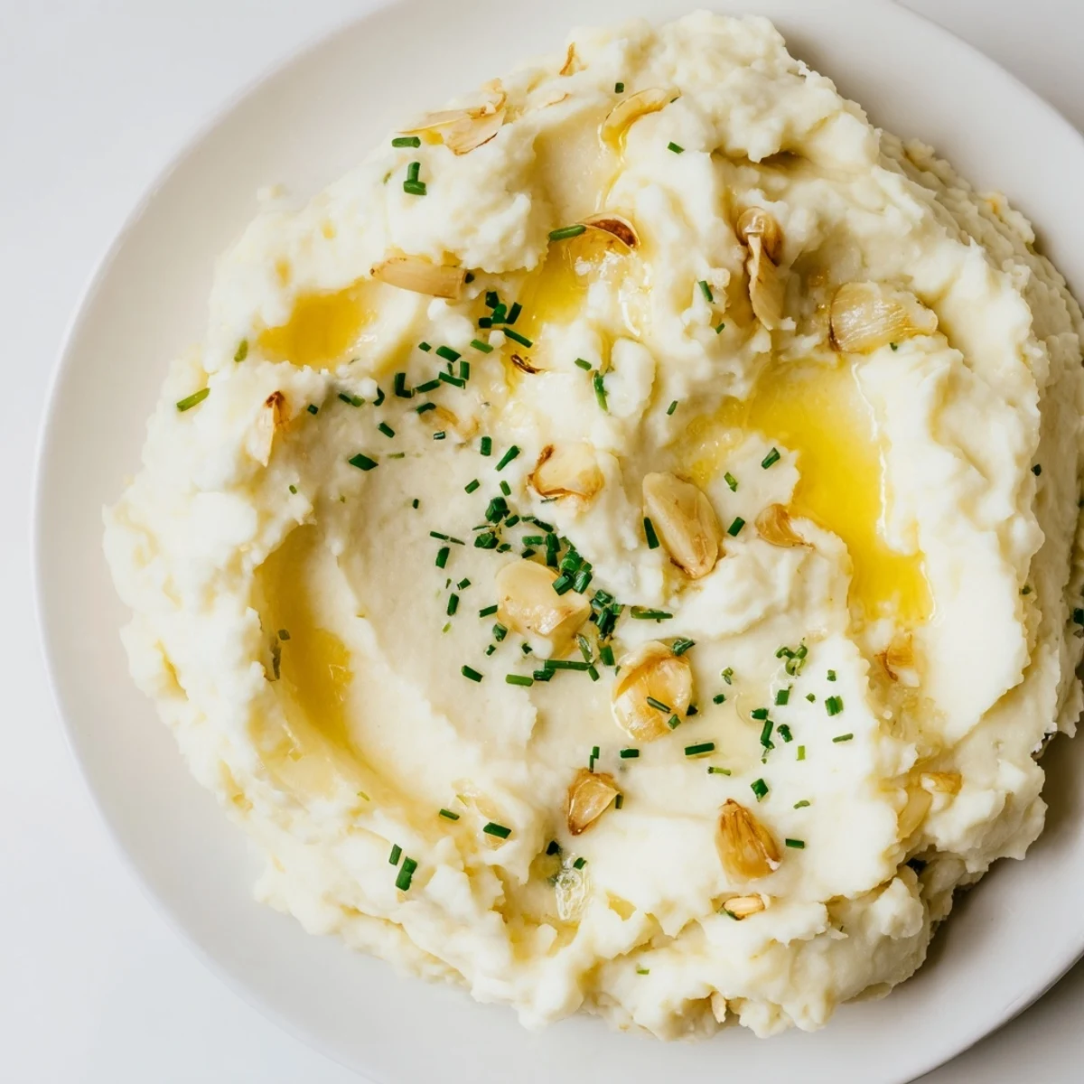Comforting side dish of Garlic Mashed Potatoes with Roasted Garlic topped with fresh chives, ready to serve with a holiday roast.