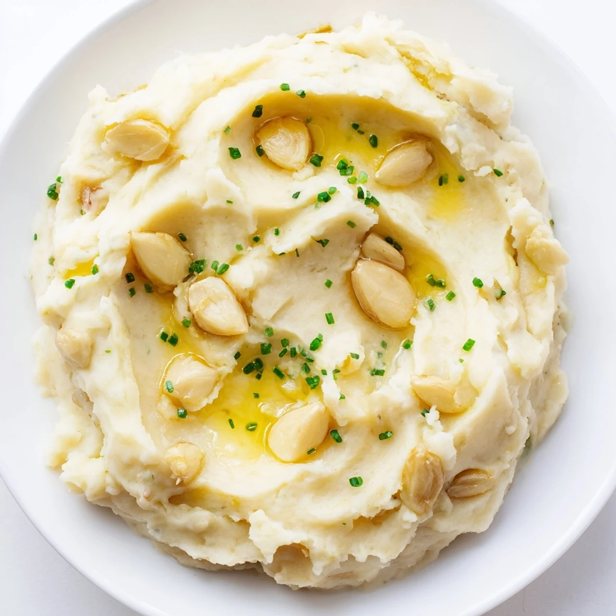 Perfectly smooth Garlic Mashed Potatoes with Roasted Garlic beside a halved roasted garlic bulb on a warm wooden table.
