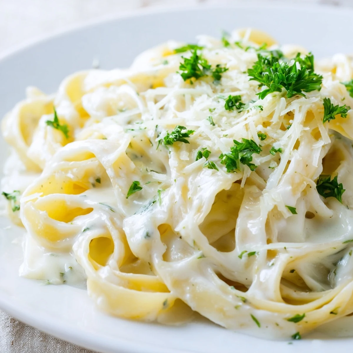 Creamy Garlic Pasta with Parsley twirled on a fork, glistening with velvety sauce and flecked with fresh green herbs.  