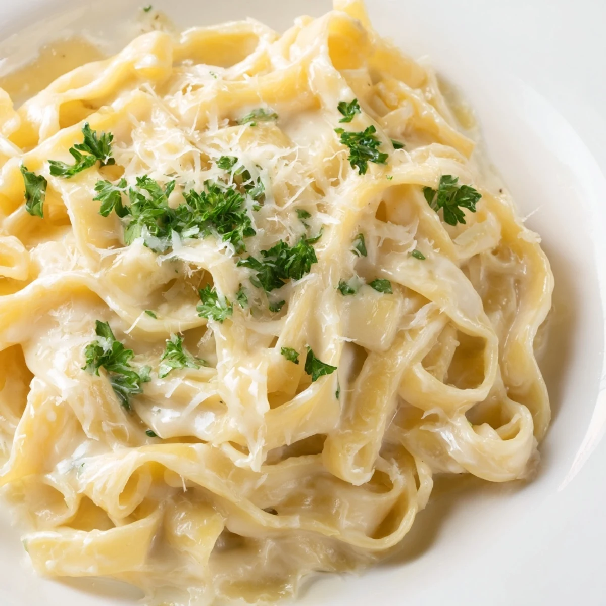 Steaming plate of Creamy Garlic Pasta with Parsley beside a glass of crisp white wine on a rustic table.  