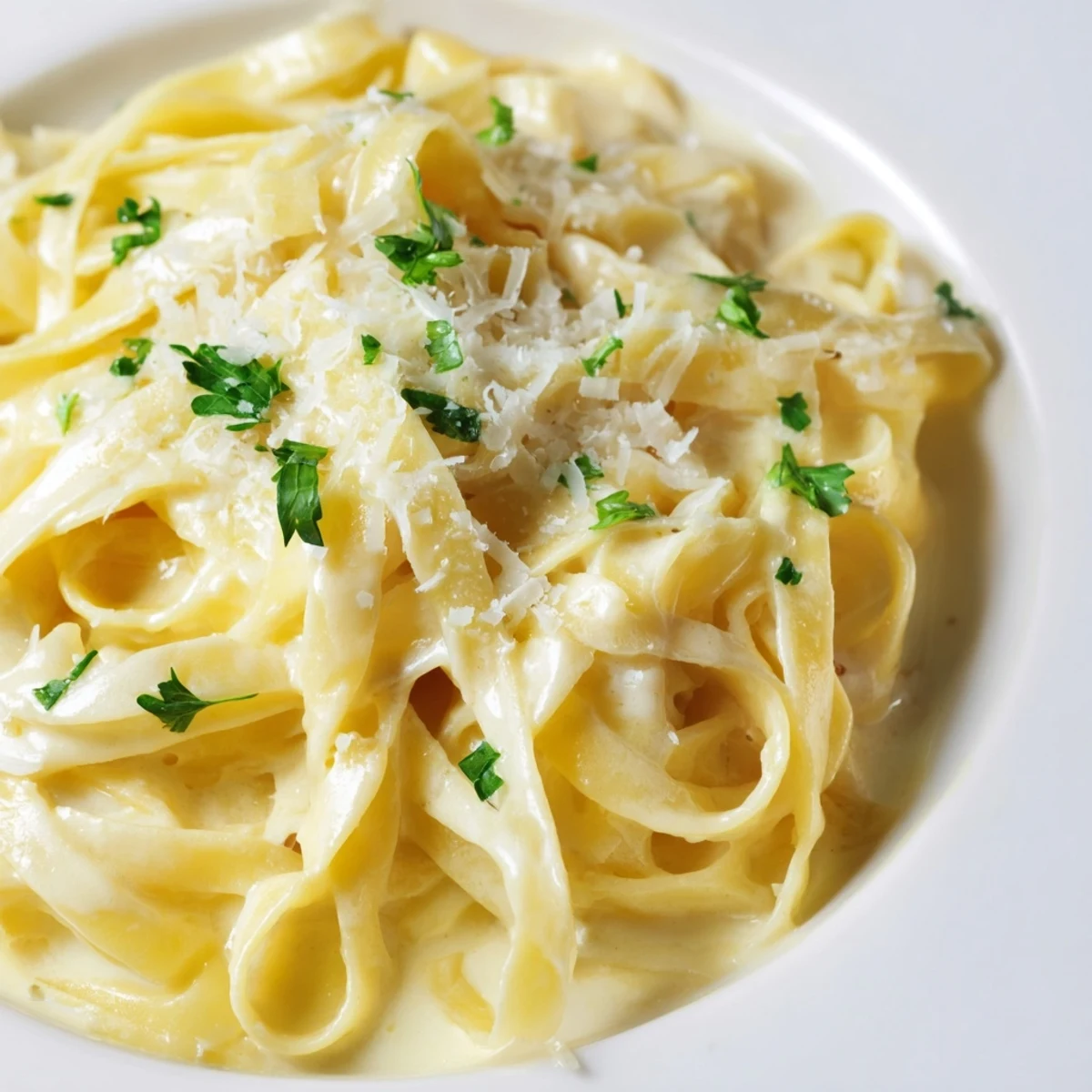 A skillet of Creamy Garlic Pasta with Parsley ready to serve, garnished with extra Parmesan and chopped parsley.