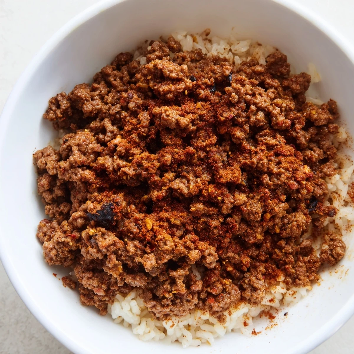 A vibrant Beef Burrito Bowl with brown rice, topped with spiced beef, avocado, corn, and melted cheese.