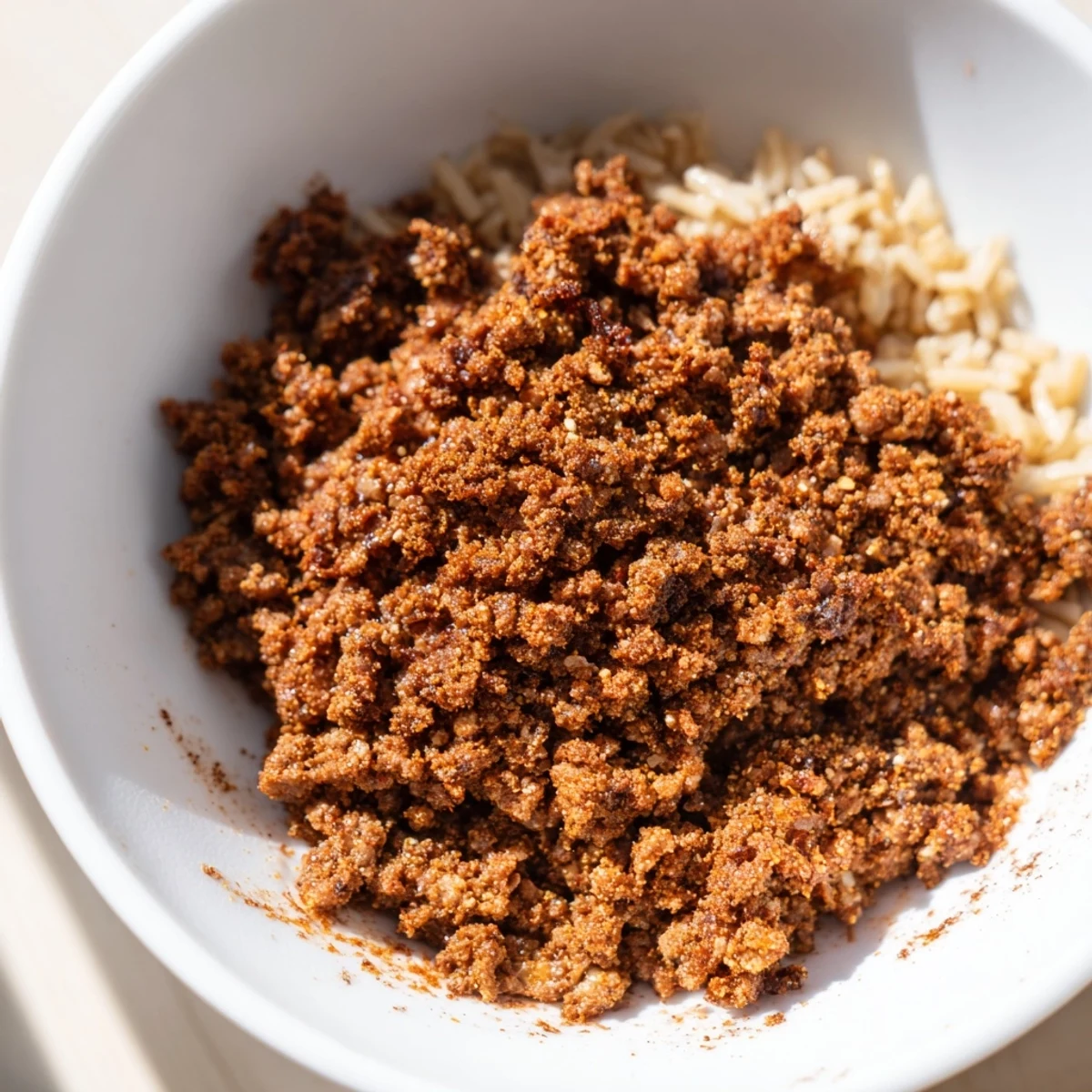 Heaping Beef Burrito Bowl features fluffy brown rice, seasoned ground beef, and fresh Tex-Mex toppings like sour cream.