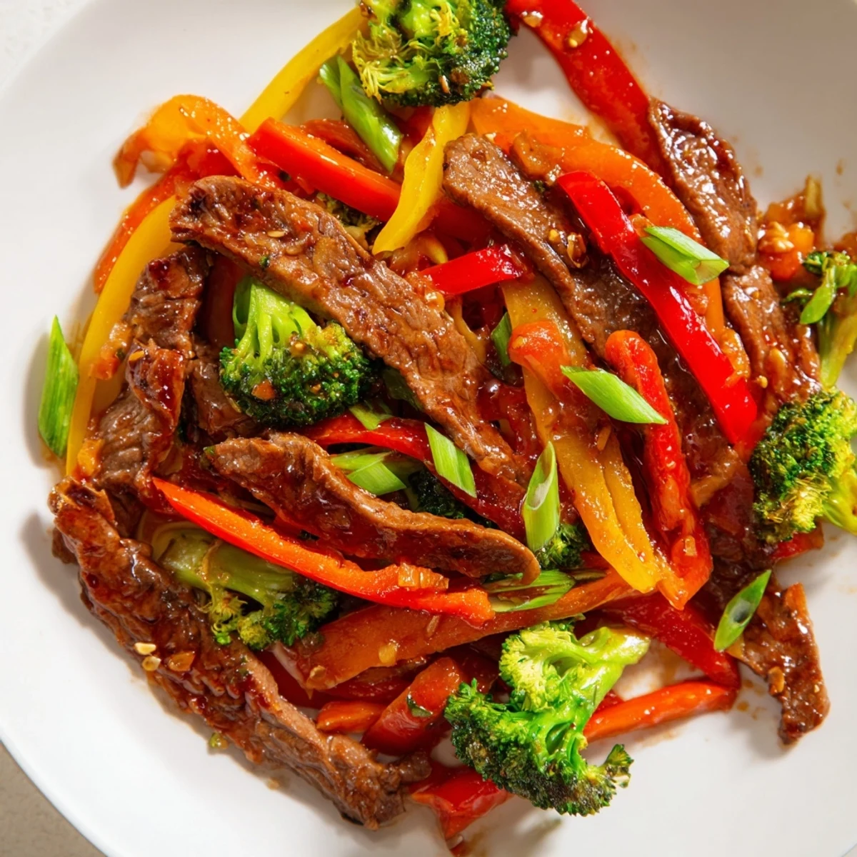 Vibrant Spicy Beef Stir Fry with Vegetables in a wok, featuring crisp broccoli, bell peppers, and tender beef slices glistening in a bold sauce.