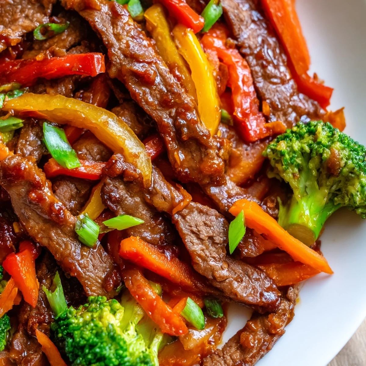 A close-up of Spicy Beef Stir Fry with Vegetables served over steamed rice, garnished with fresh spring onions for a colorful weeknight dinner.