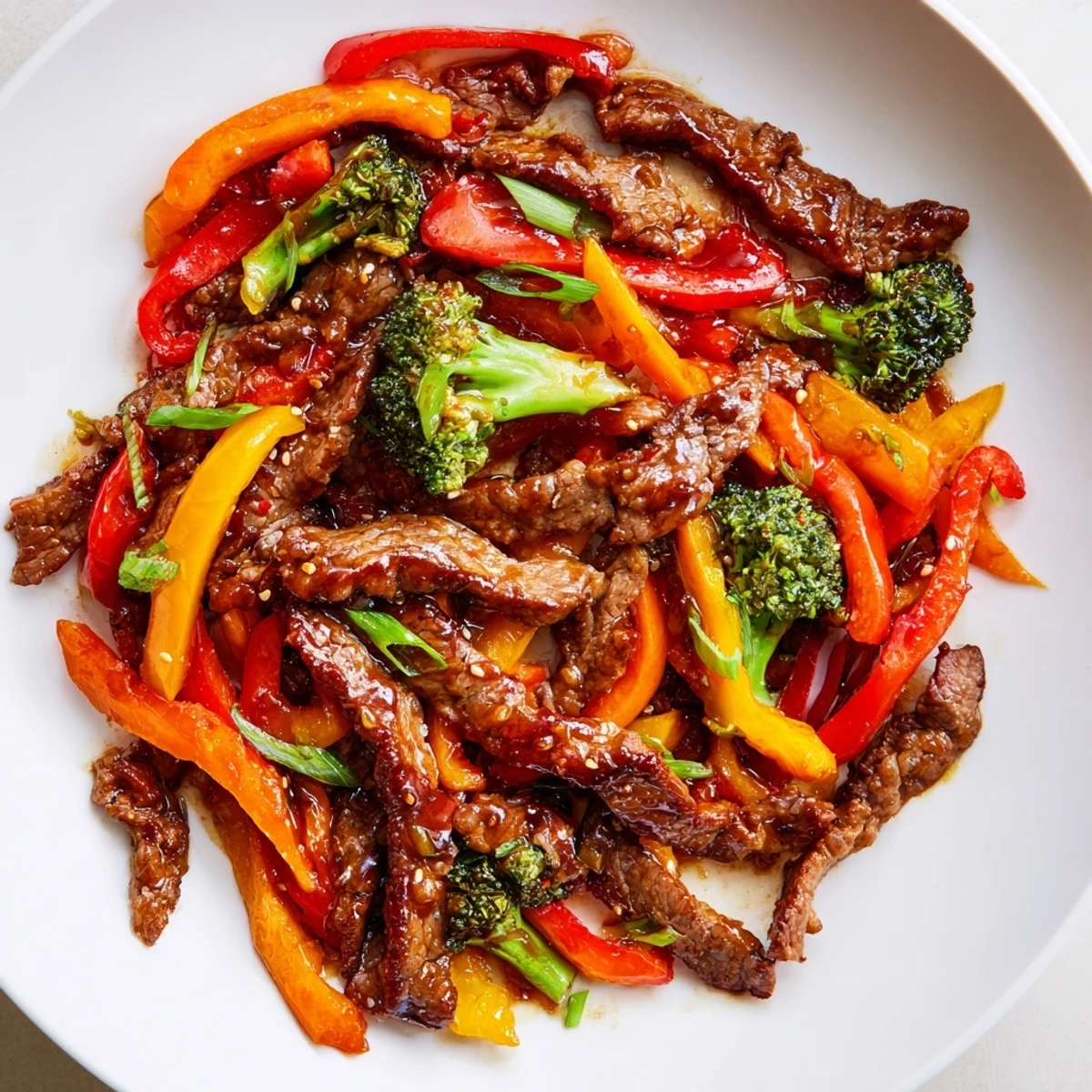 Sizzling Spicy Beef Stir Fry with Vegetables in a skillet, mixing tender beef strips with julienned carrots and snap peas in a spicy glaze.