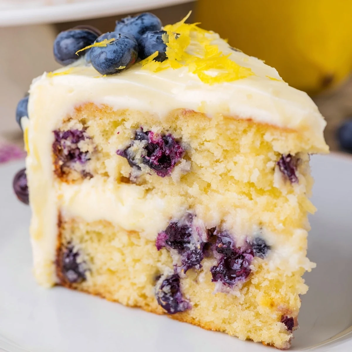 A slice of Lemon Blueberry Cake reveals tender crumb and juicy blueberries, served on a rustic wooden table for summer gatherings.
