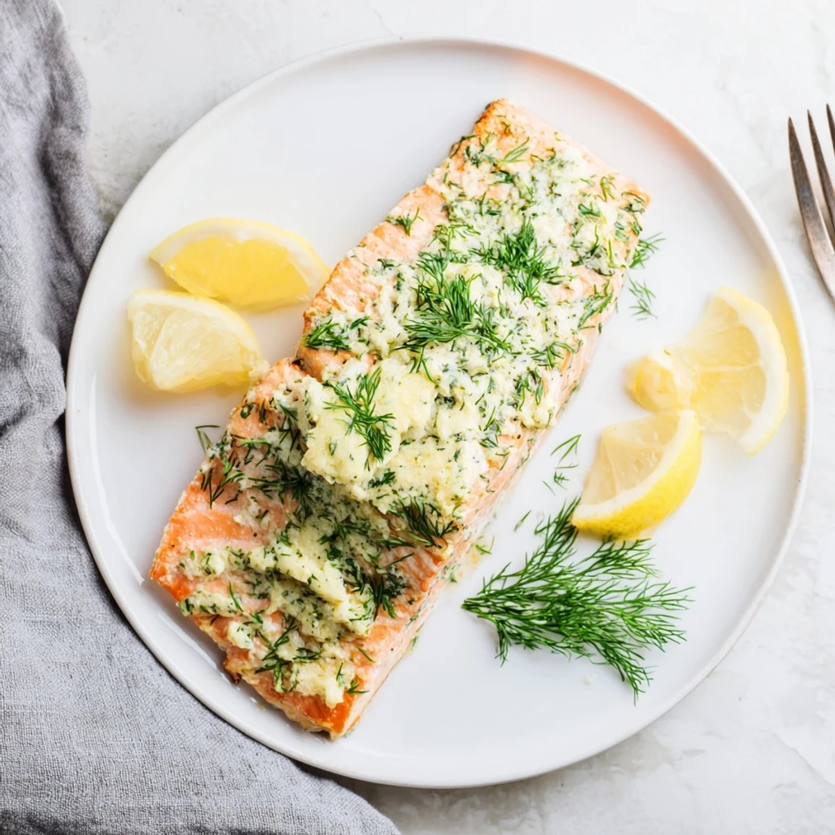 Moist, oven-baked salmon with a generous melt-in-your-mouth dill butter topping, served alongside steamed asparagus for a healthy meal.
