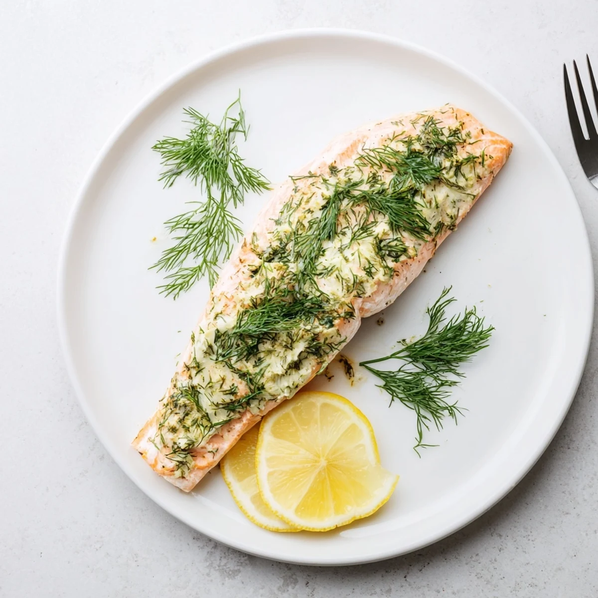 Tender, flaky salmon fillets topped with fresh dill butter and bright lemon wedges for an elegant weeknight dinner.