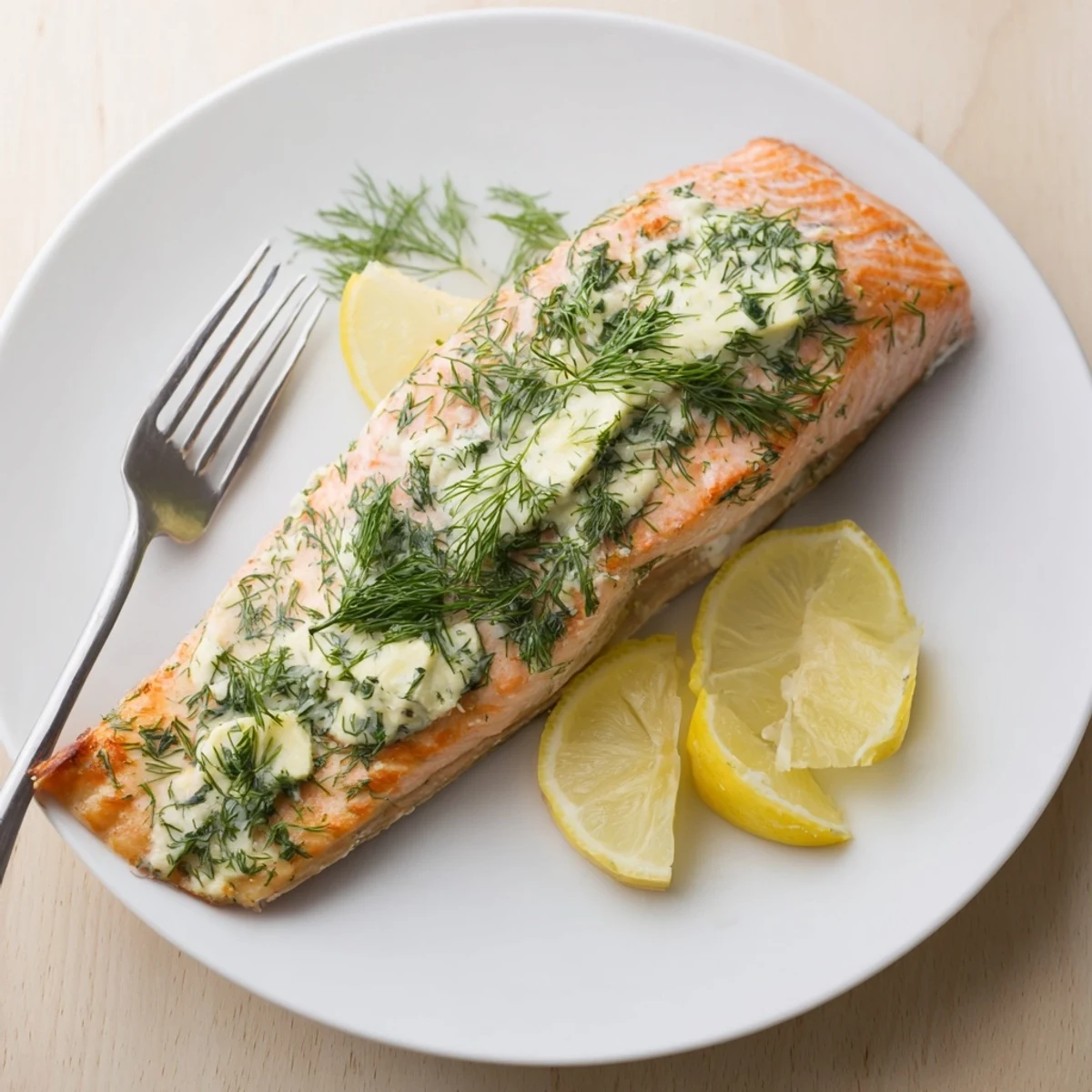 Golden-brown baked salmon fillets glistening with herb-infused dill butter and lemon zest on a rustic baking sheet.