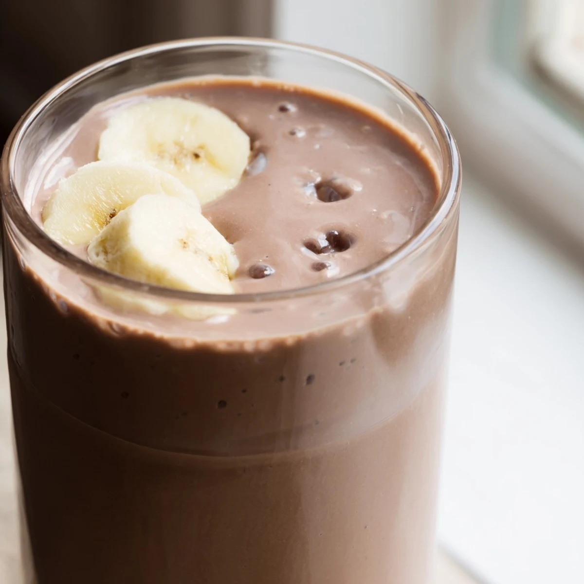 Rich and creamy Chocolate Peanut Butter Smoothie with Banana, garnished with sliced banana and a drizzle of peanut butter in a tall glass.  