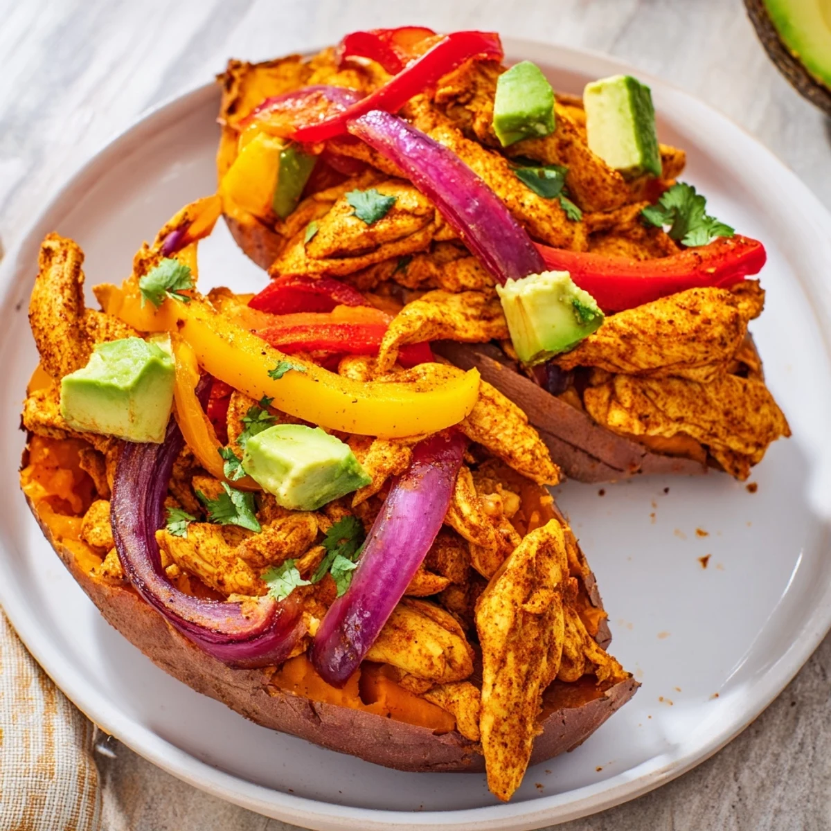 Four golden baked sweet potatoes sit split open, filled with juicy fajita-spiced chicken, vibrant bell peppers, and onions, topped with diced avocado and fresh cilantro.