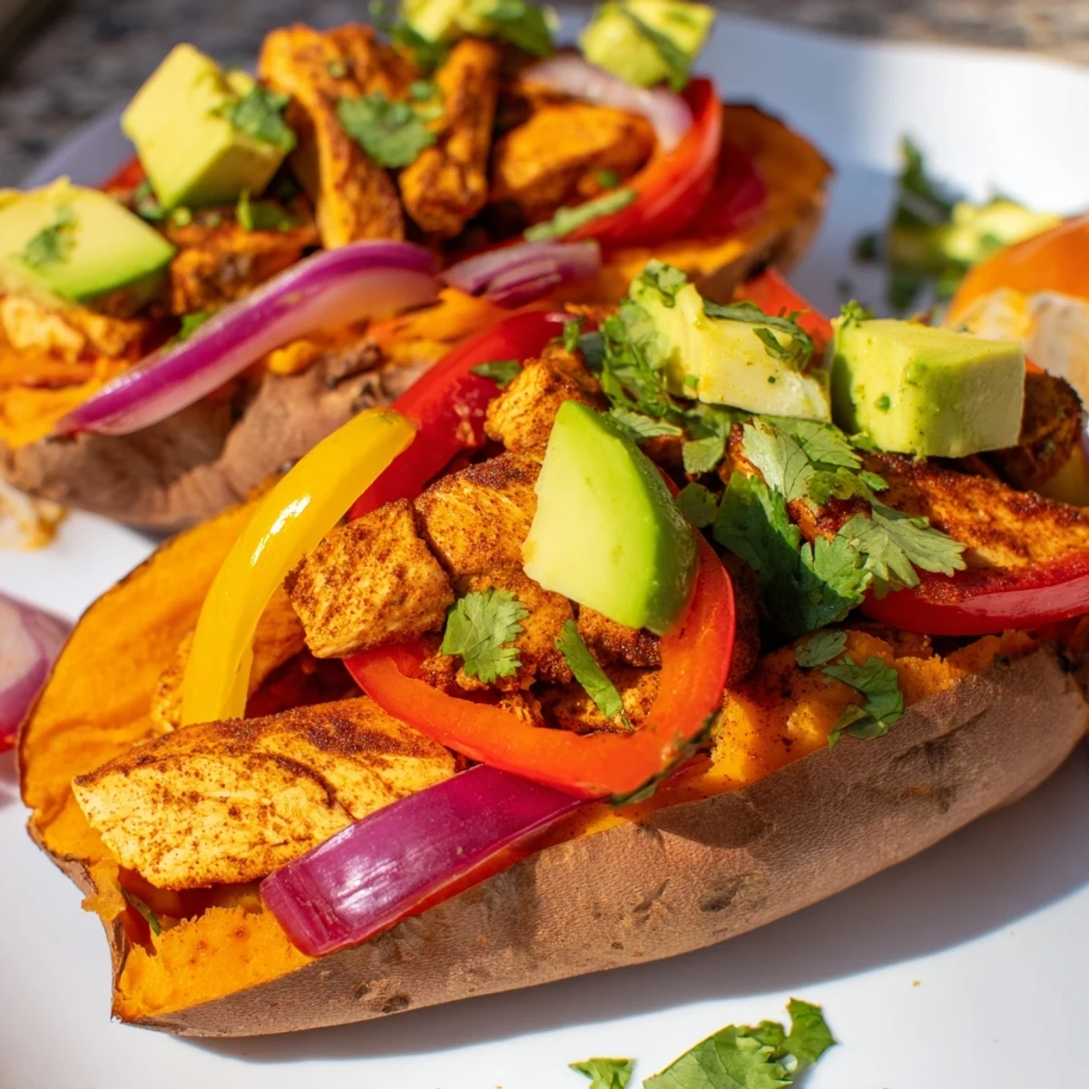 A close-up of Chicken Fajita Stuffed Sweet Potatoes shows a hearty filling of tender chicken and colorful veggies, with creamy avocado and a dollop of sour cream.