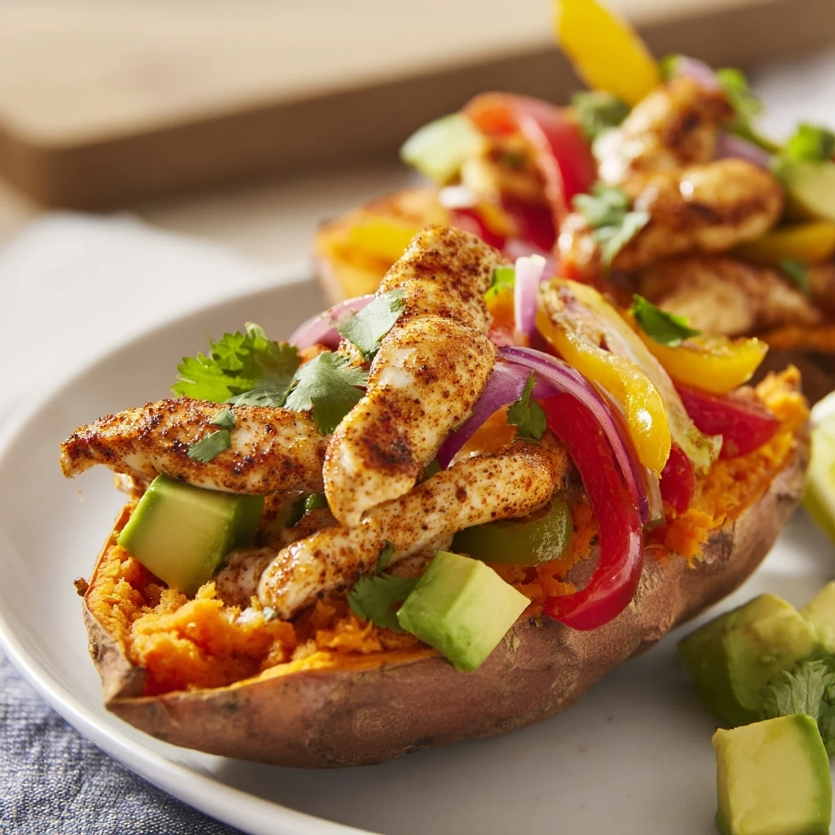 Ready-to-serve Chicken Fajita Stuffed Sweet Potatoes feature a Tex-Mex blend of spices, fresh cilantro, and lime wedges, perfect for a colorful, gluten-free weeknight dinner.
