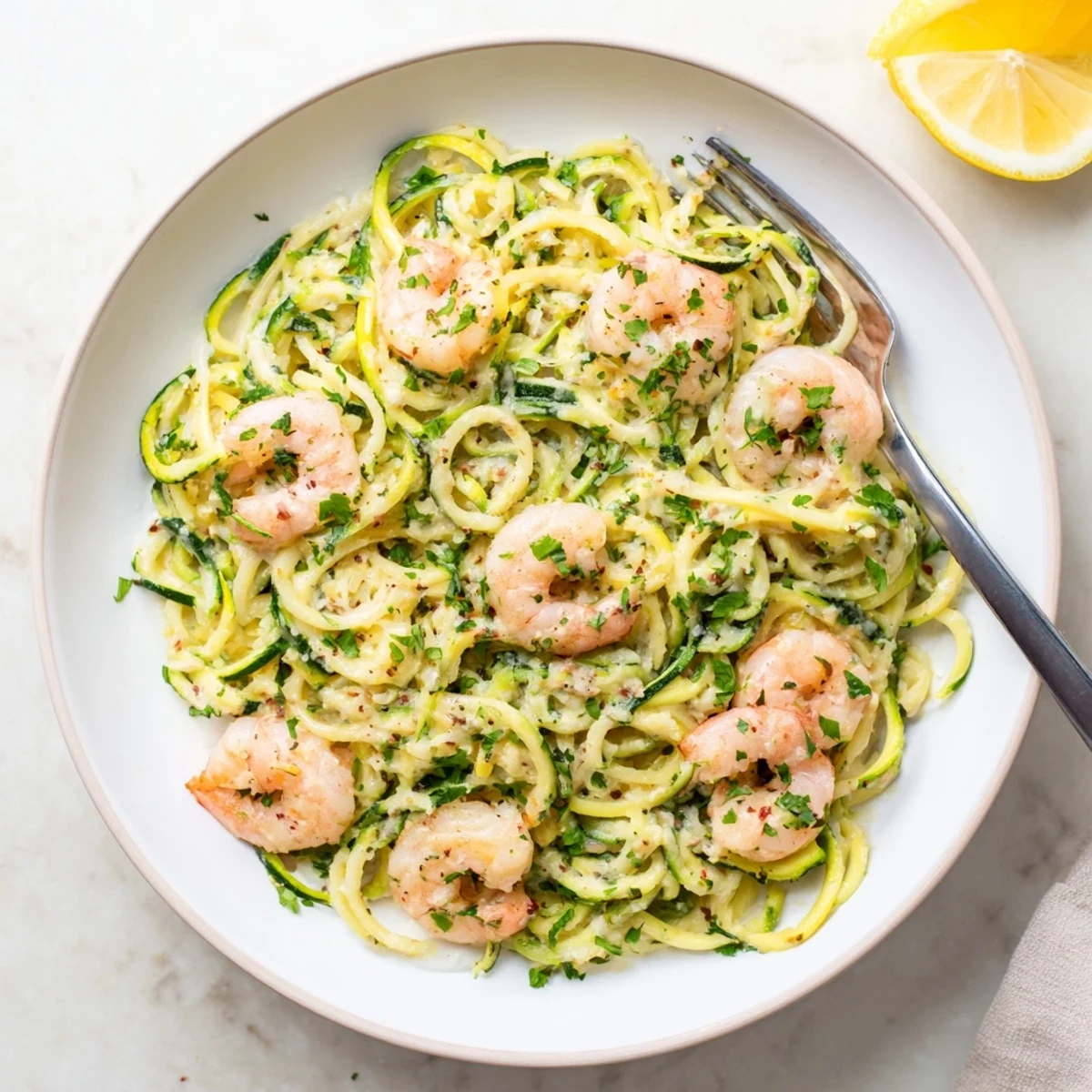 Creamy Garlic Shrimp with Zucchini Noodles in a glossy white bowl, garnished with fresh parsley and lemon wedges.  
