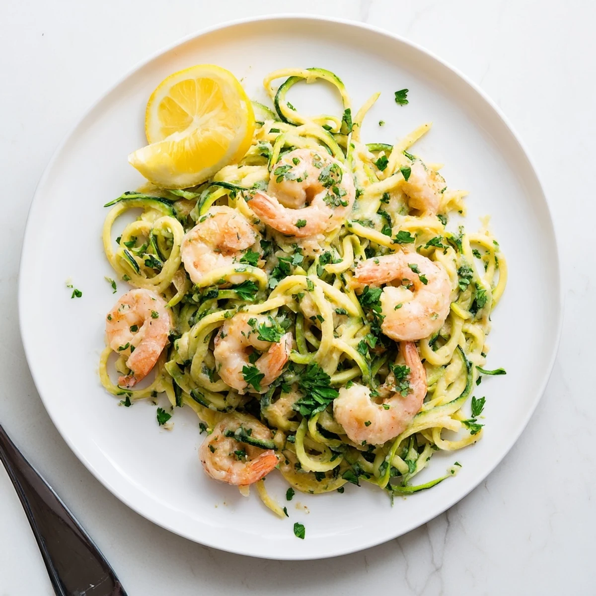 Close-up on Creamy Garlic Shrimp with Zucchini Noodles highlighting garlic flecks, Parmesan, and tender spiralized veggies.