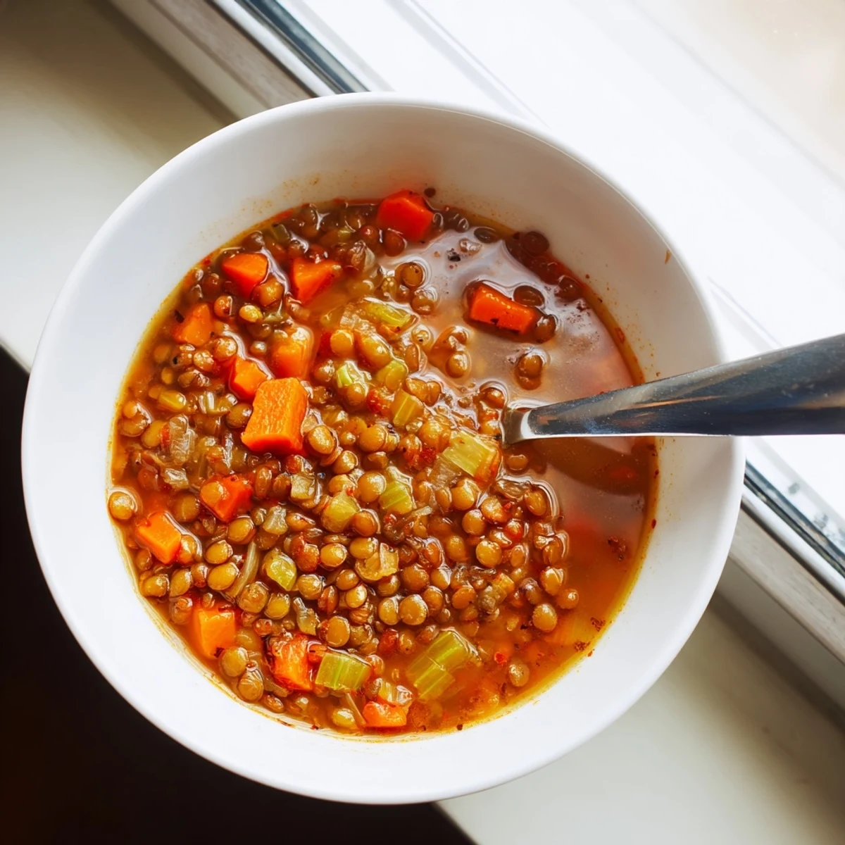 A steaming bowl of Spicy Lentil Soup with Carrots and Celery garnished with fresh parsley and a lemon wedge.
