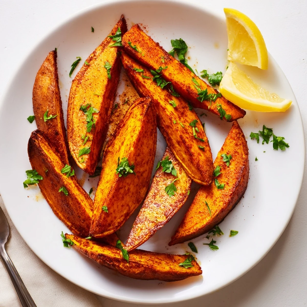 Golden roasted sweet potato wedges with paprika on a platter, garnished with fresh parsley and lemon wedges for serving.
