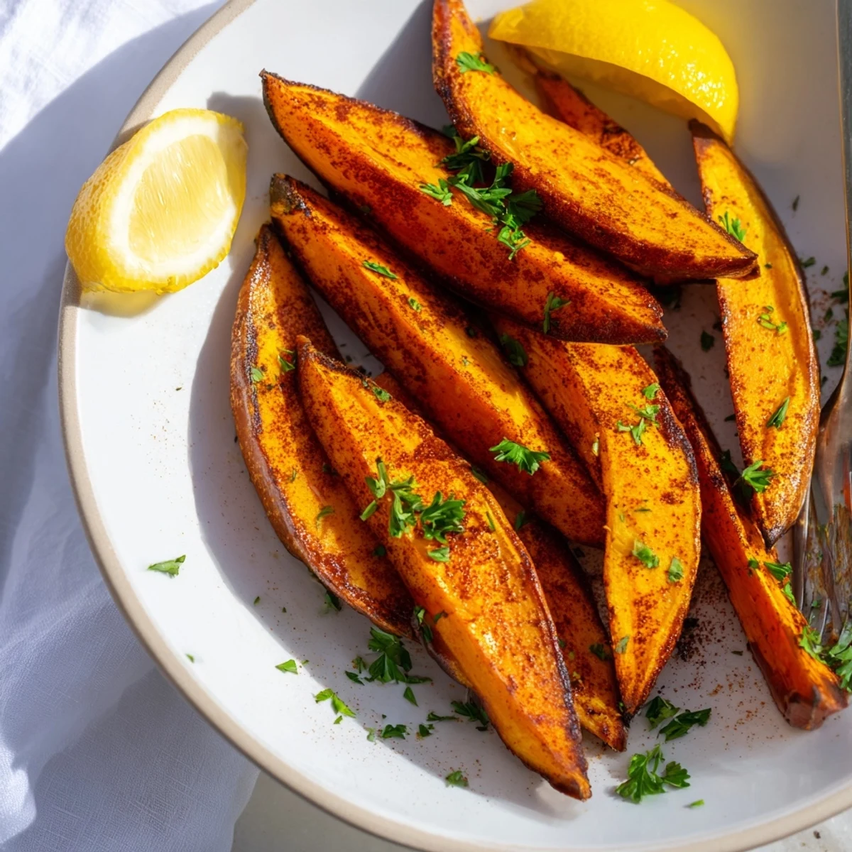 Freshly roasted sweet potato wedges with paprika, tender inside and golden brown, served as a gluten-free side.