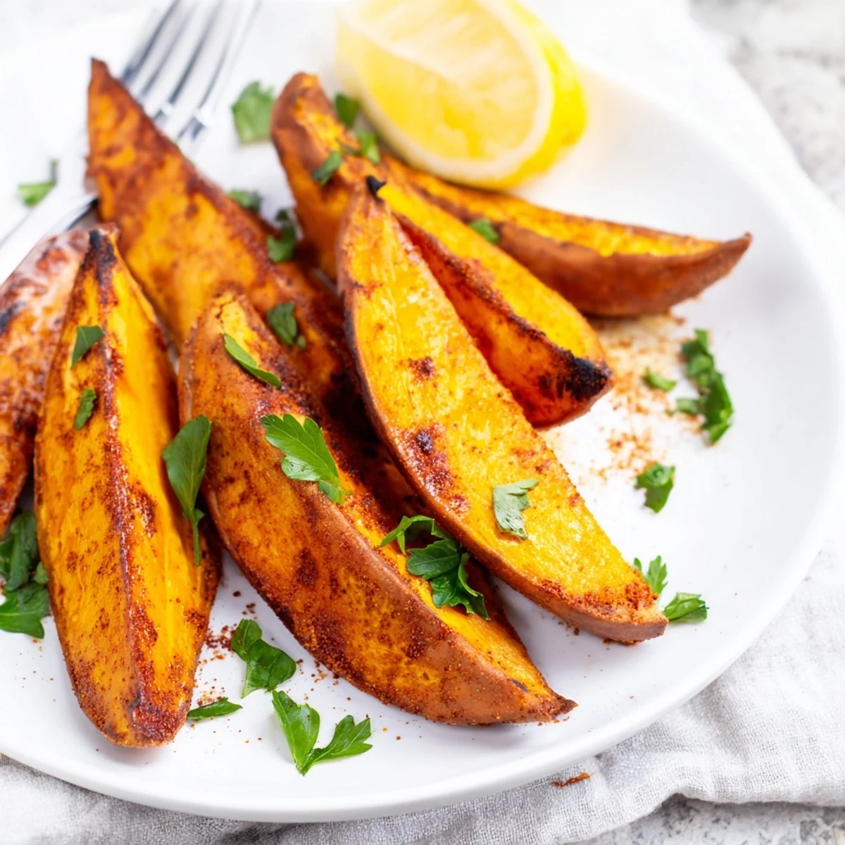Crispy baked sweet potato wedges with paprika arranged on parchment, ready to dip into garlic yogurt sauce.