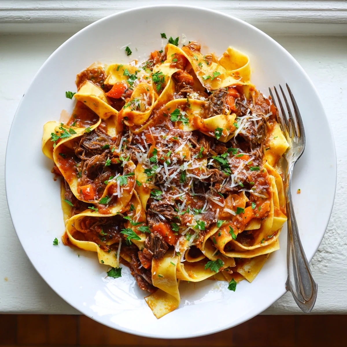 Hearty slow cooker beef ragu with pappardelle, garnished with fresh parsley and grated Parmesan.  