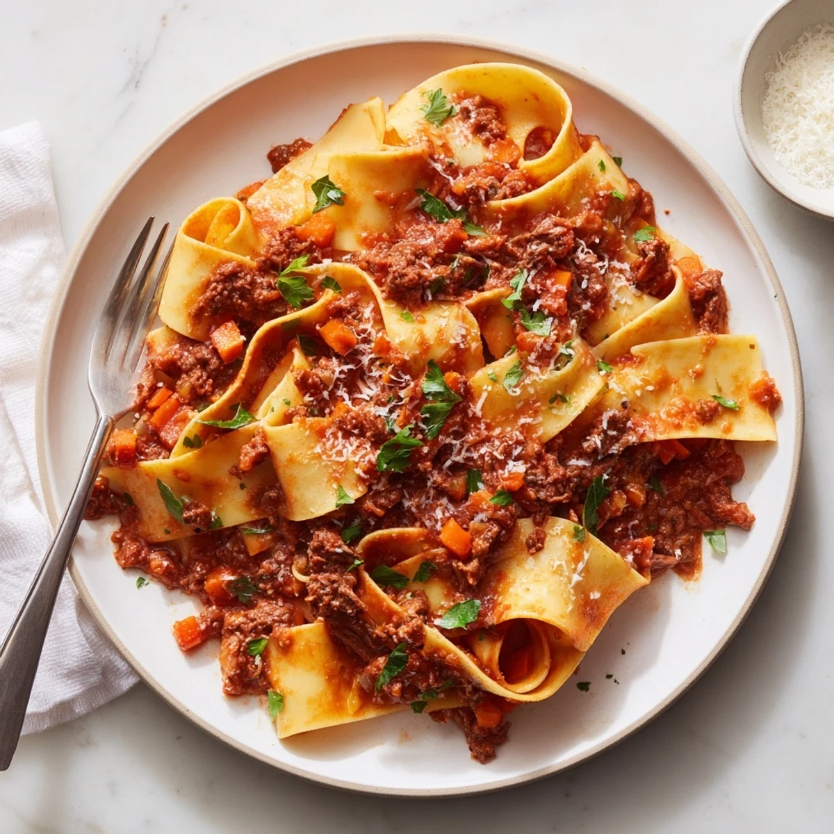 Family-style slow cooker beef ragu with pappardelle, served with extra Parmesan and crusty bread.