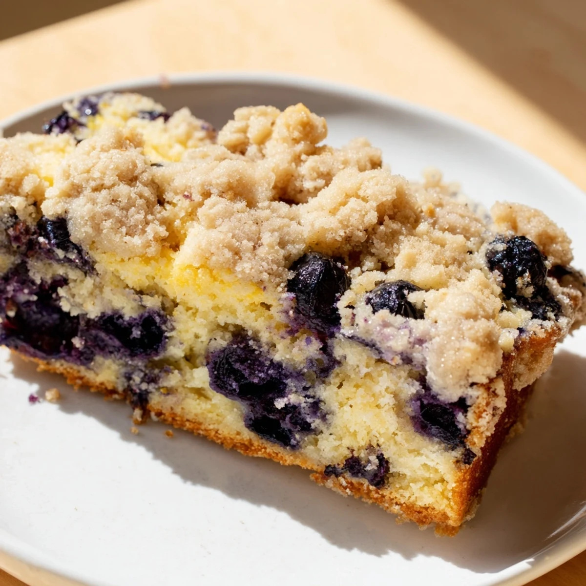 A close-up of golden Lemon Blueberry Bread with Streusel Topping, showcasing juicy berries and crumbly topping on a rustic wooden board.