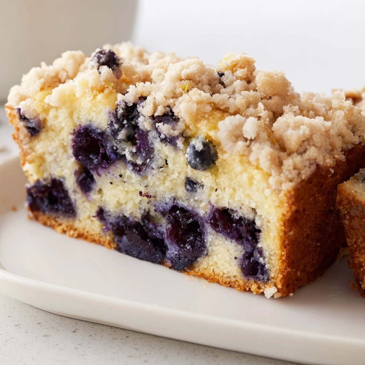 Moist slices of Lemon Blueberry Bread with Streusel Topping reveal vibrant blueberries and a buttery crumble, perfect for a sweet breakfast treat.