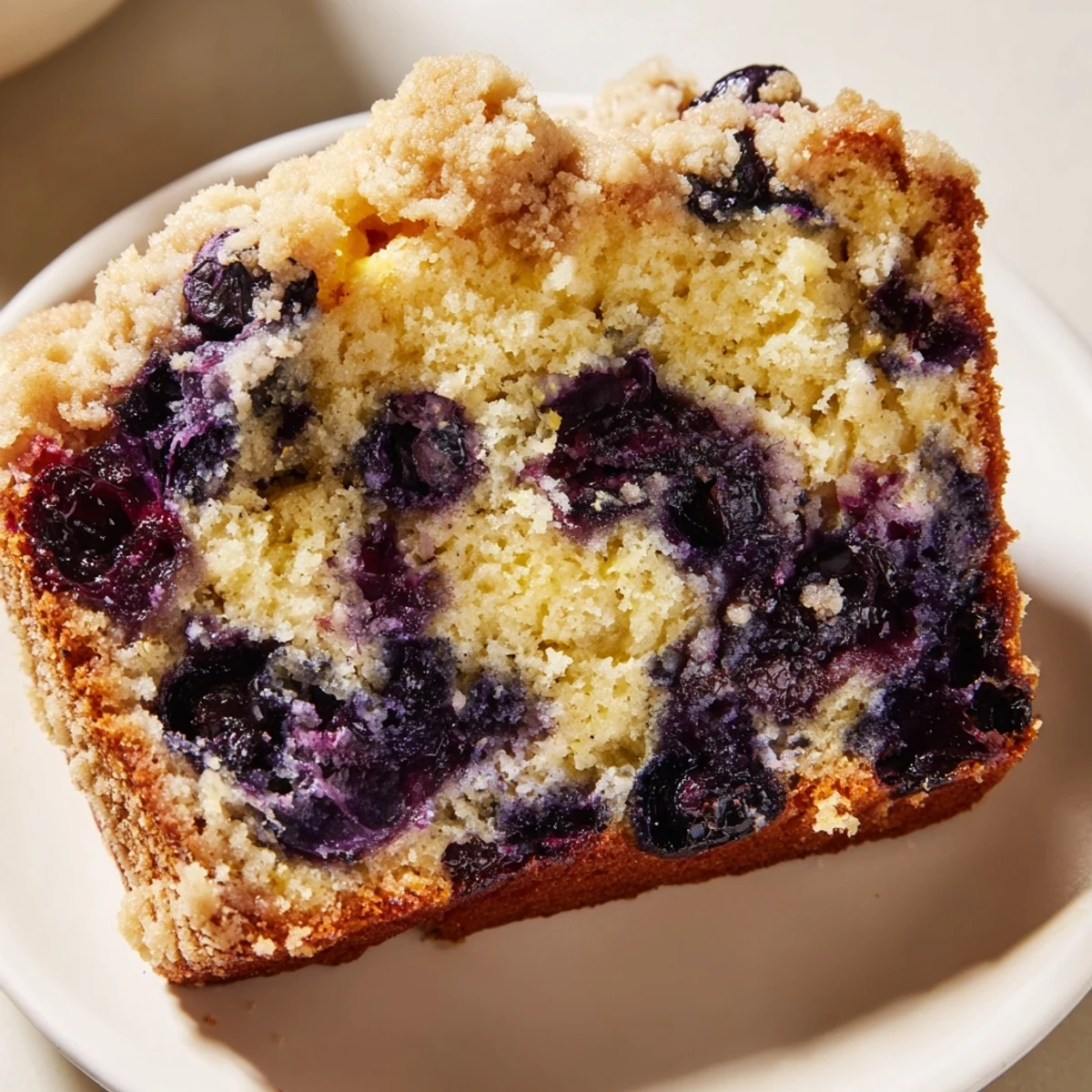 Overhead view of freshly baked Lemon Blueberry Bread with Streusel Topping, garnished with lemon zest and served on a white ceramic plate.