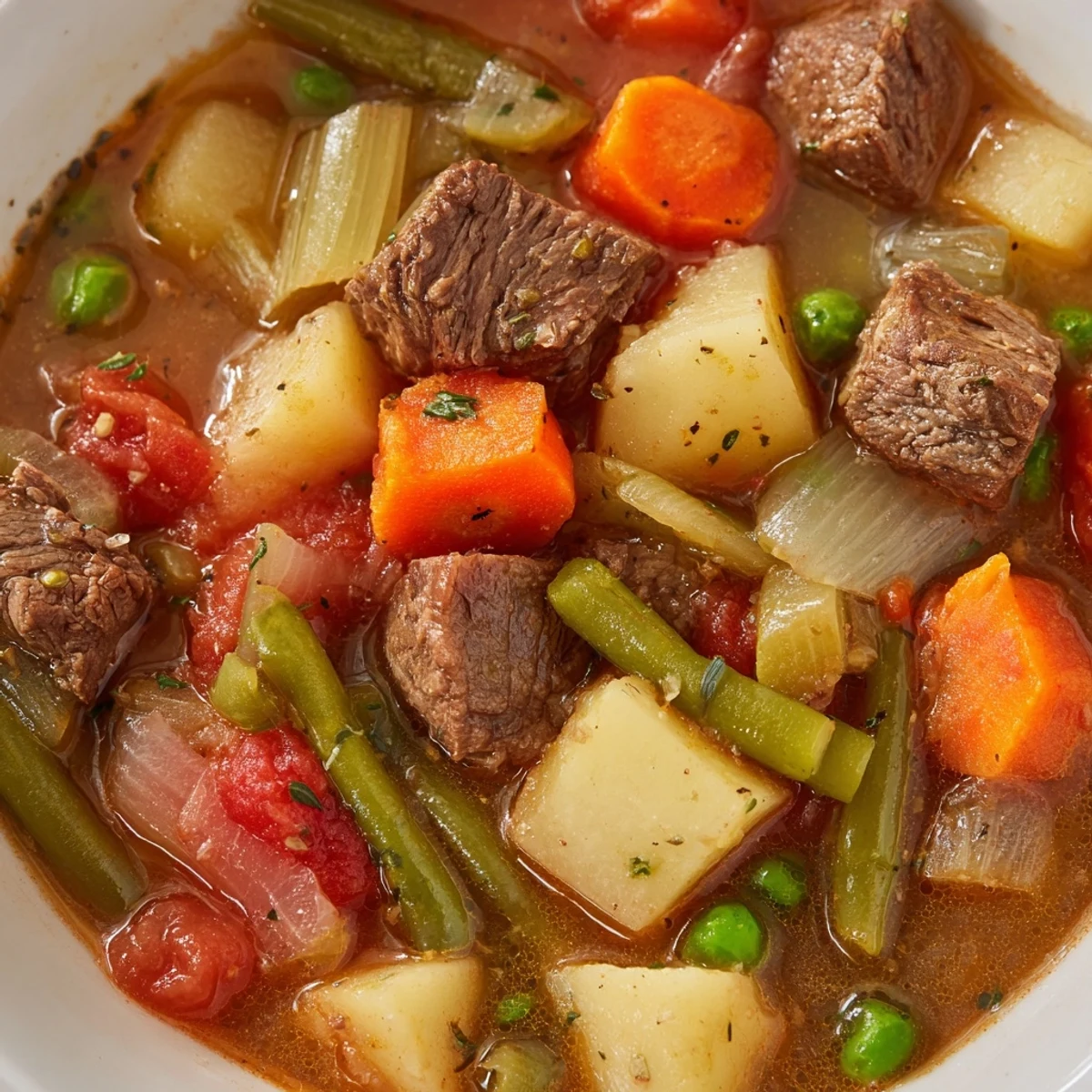 Steaming bowl of hearty Beef Vegetable Soup with Potatoes, served with crusty bread.