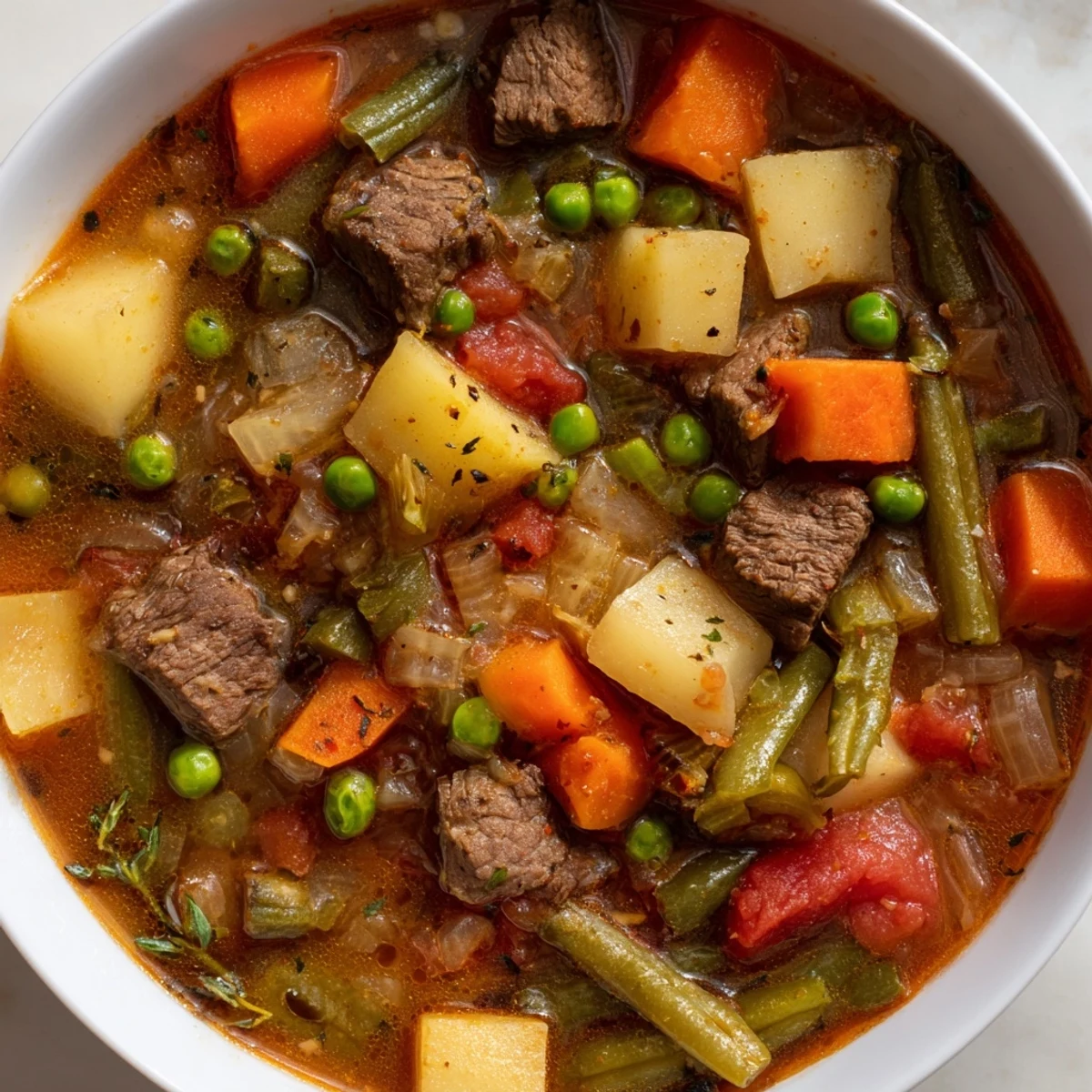 Close-up of Beef Vegetable Soup with Potatoes, featuring tender beef and vibrant carrots in rich broth.