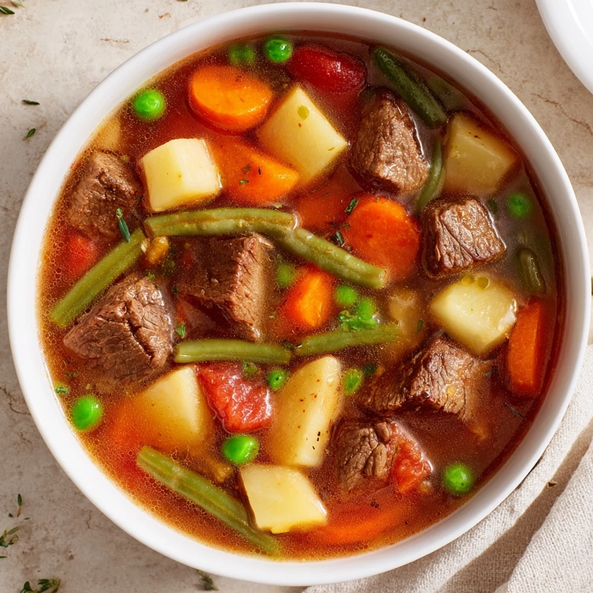 Beef Vegetable Soup with Potatoes simmering in a Dutch oven, filled with fresh green beans and peas.