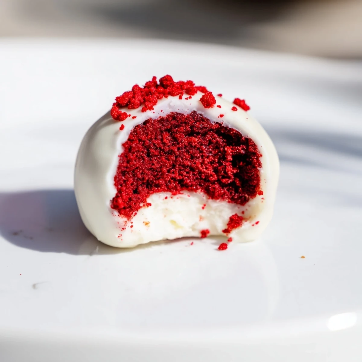 Glossy white chocolate coated Red Velvet Truffles with cream cheese, garnished with red crumbs on a parchment-lined tray.