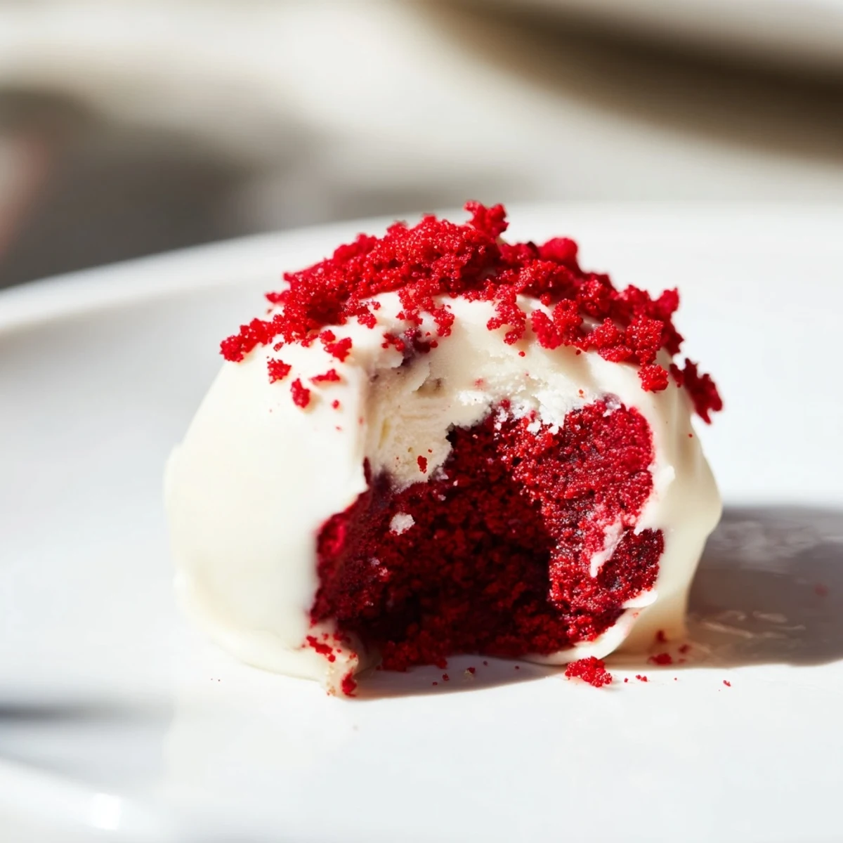 Festive red velvet truffles with cream cheese filling, dipped in smooth white chocolate and sprinkled for a holiday dessert.