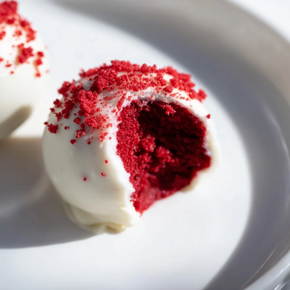 Homemade Red Velvet Truffles with cream cheese, bite-sized and rich, served chilled on a rustic wood surface.