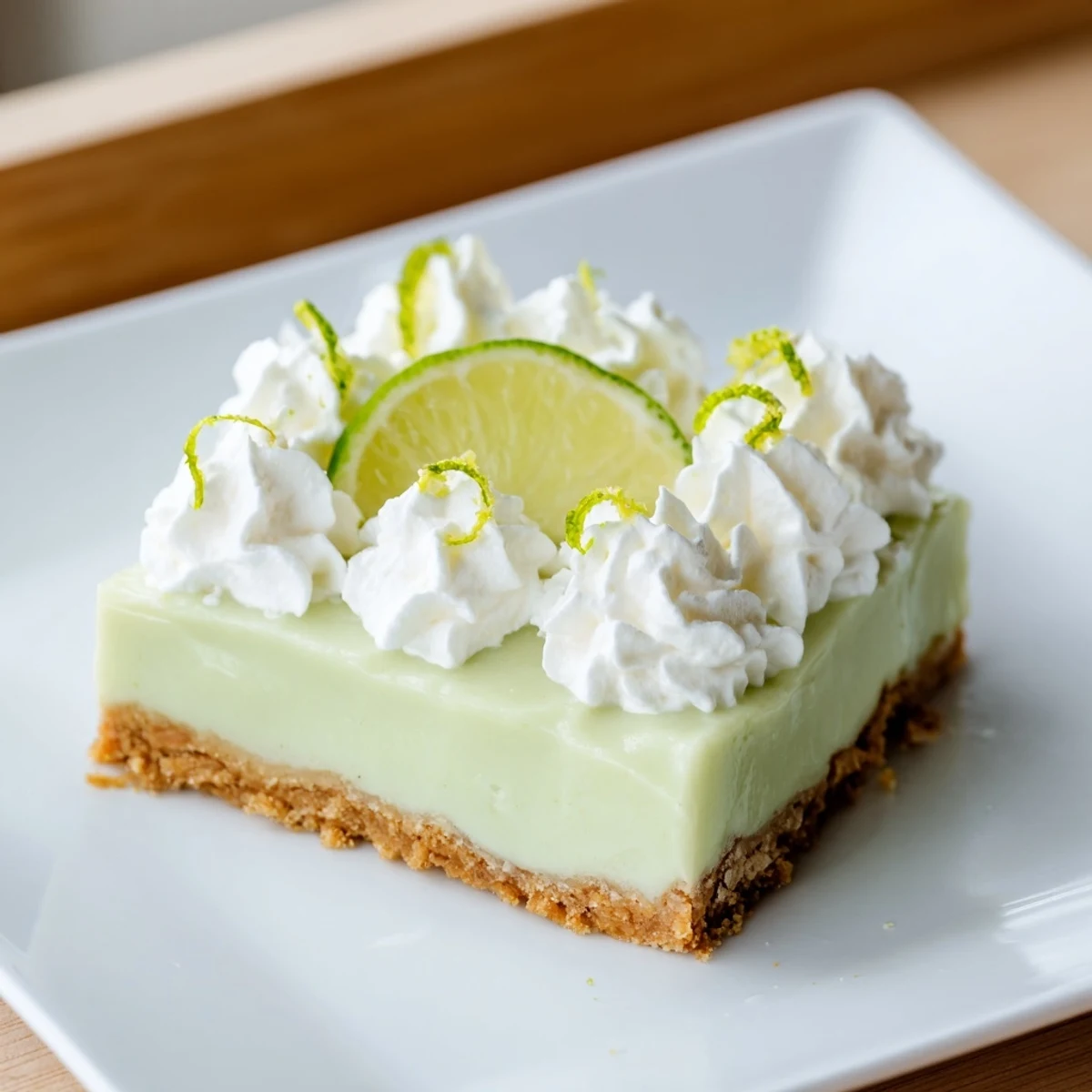 Vibrant green St. Patrick's Day Key Lime Pie Bars on a plate, topped with fluffy whipped cream and fresh lime zest.