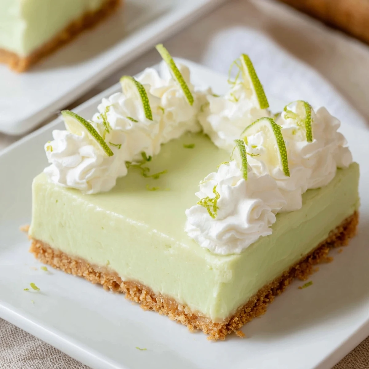 Sliced St. Patrick's Day Key Lime Pie Bars revealing a creamy, tangy lime filling inside a buttery graham cracker crust.