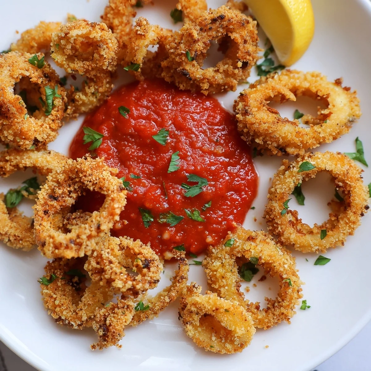 Crispy calamari with marinara features tender seafood coated in seasoned flour, deep-fried to perfection and paired with tangy tomato dip for sharing.