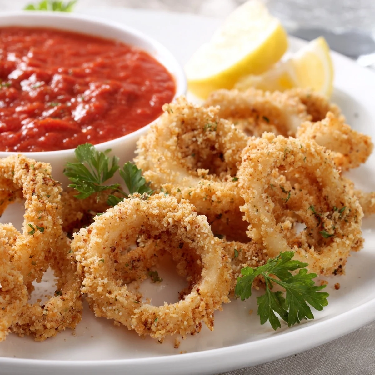 Enjoy golden, crunchy calamari rings with marinara sauce, garnished with parsley and lemon, perfect for any festive party platter.