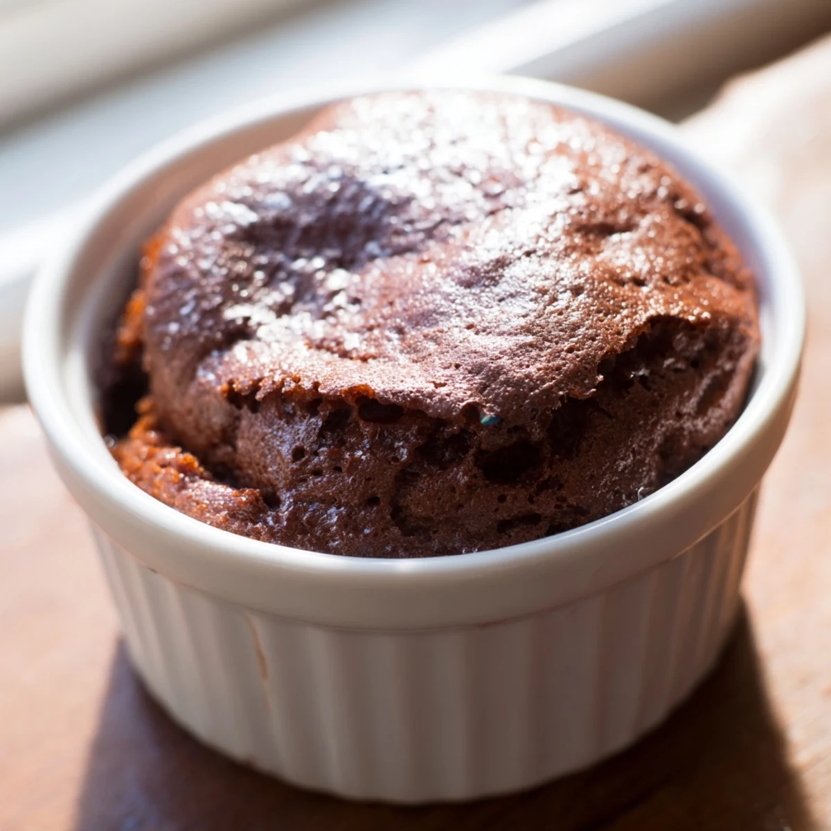 A beautifully risen Romantic Chocolate Soufflé with a delicate, airy structure served in a delicate white ramekin.