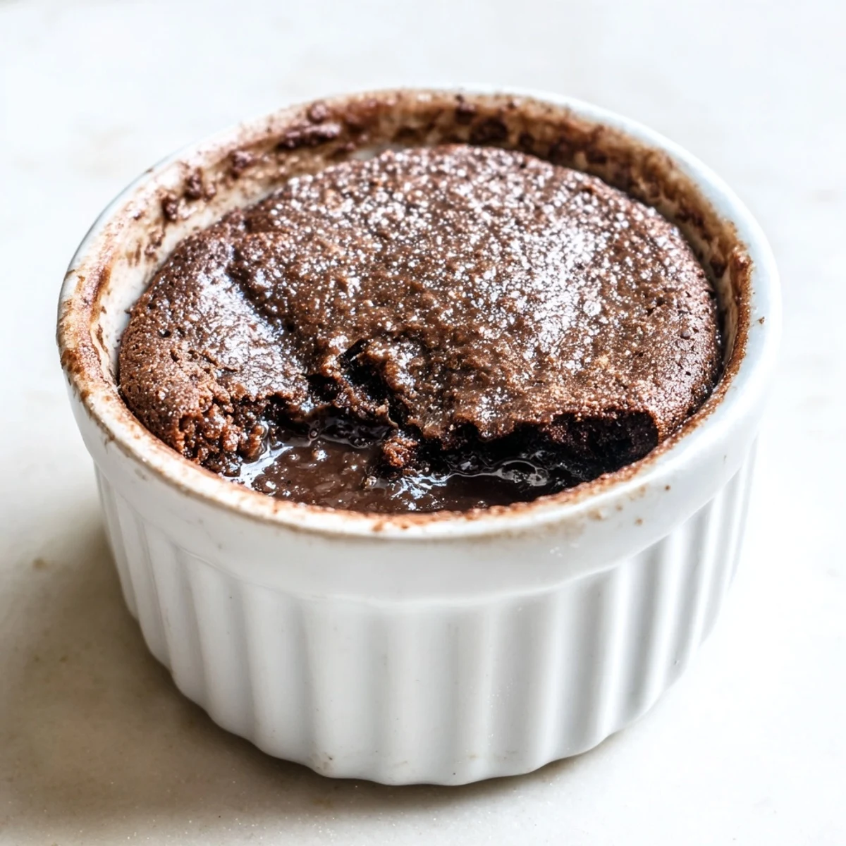 In this Romantic Chocolate Soufflé, a molten chocolate center spills out slightly upon the first spoonful.