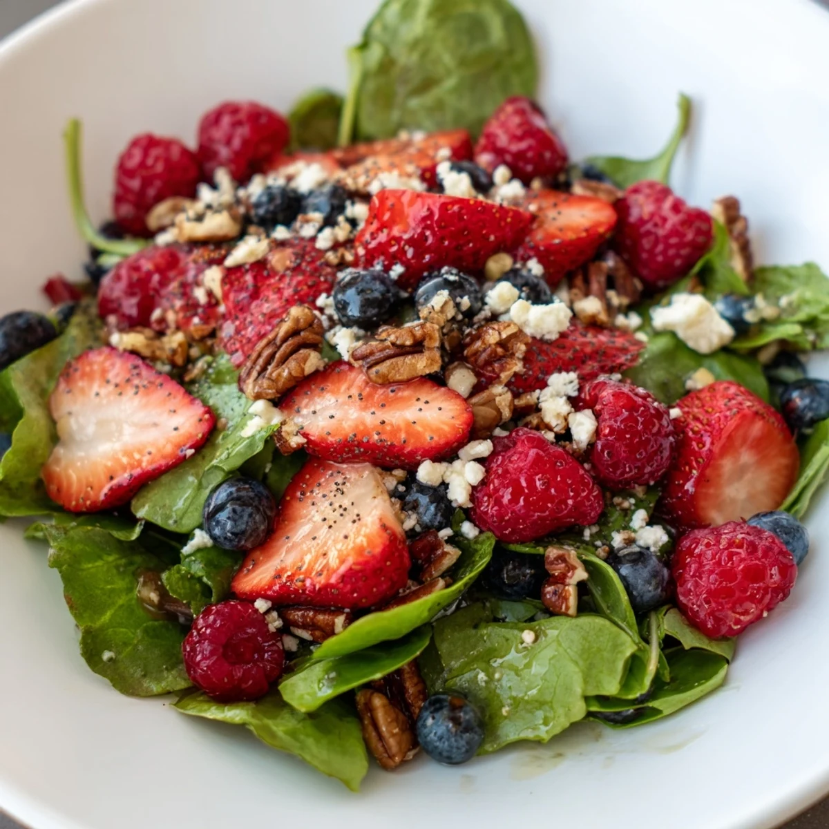 Sweetheart Berry Salad tossed with crisp greens, crumbled feta, and a shiny honey-lemon poppy seed dressing.  