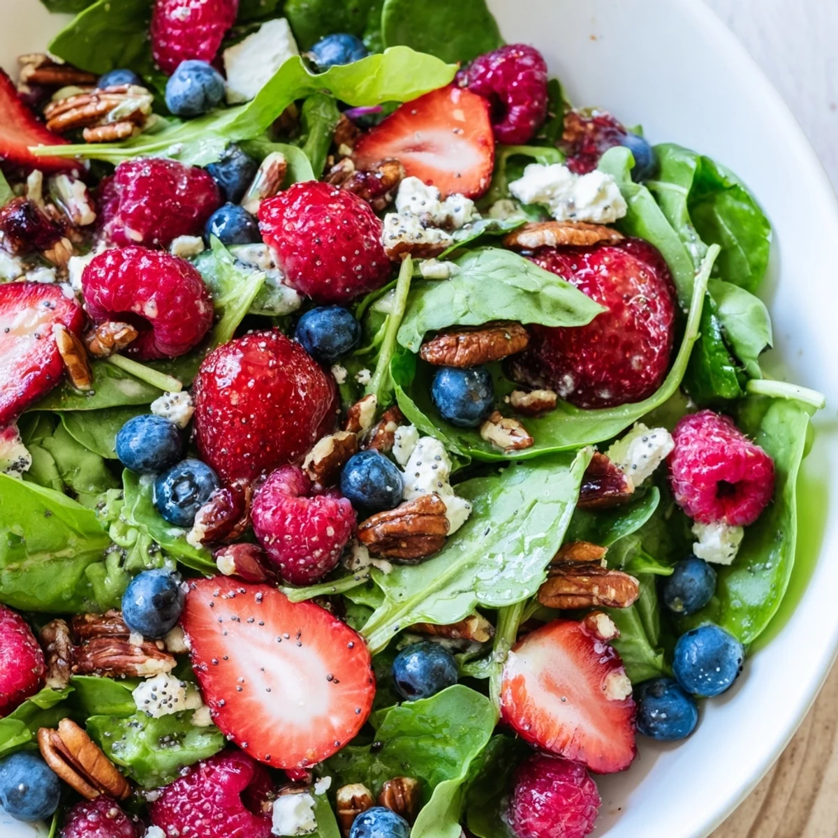 Fresh Sweetheart Berry Salad in a white bowl, garnished with raspberries and walnuts for a light summer meal.