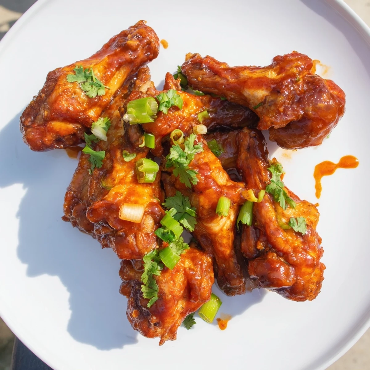 Golden-brown, crispy chicken wings coated in a glossy Sriracha glaze, garnished with cilantro and green onions on a platter.  