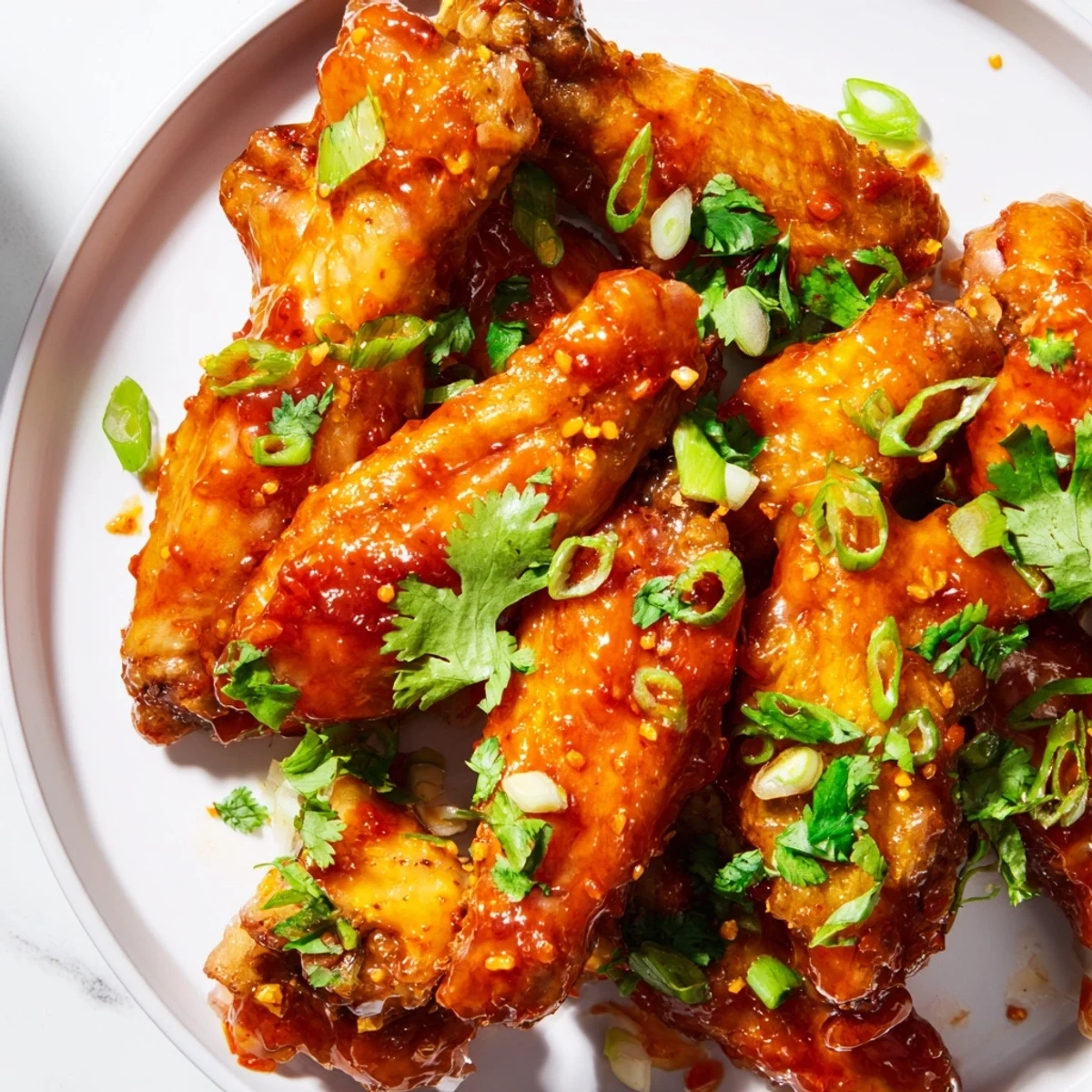 Sticky, spicy wings tossed in a vibrant orange Sriracha sauce, ready to be enjoyed at a lively Super Bowl gathering.
