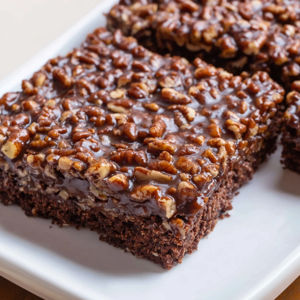 Close-up of fudgy New Orleans Praline Brownies with glossy, pecan-studded praline frosting spread over rich chocolate squares.
