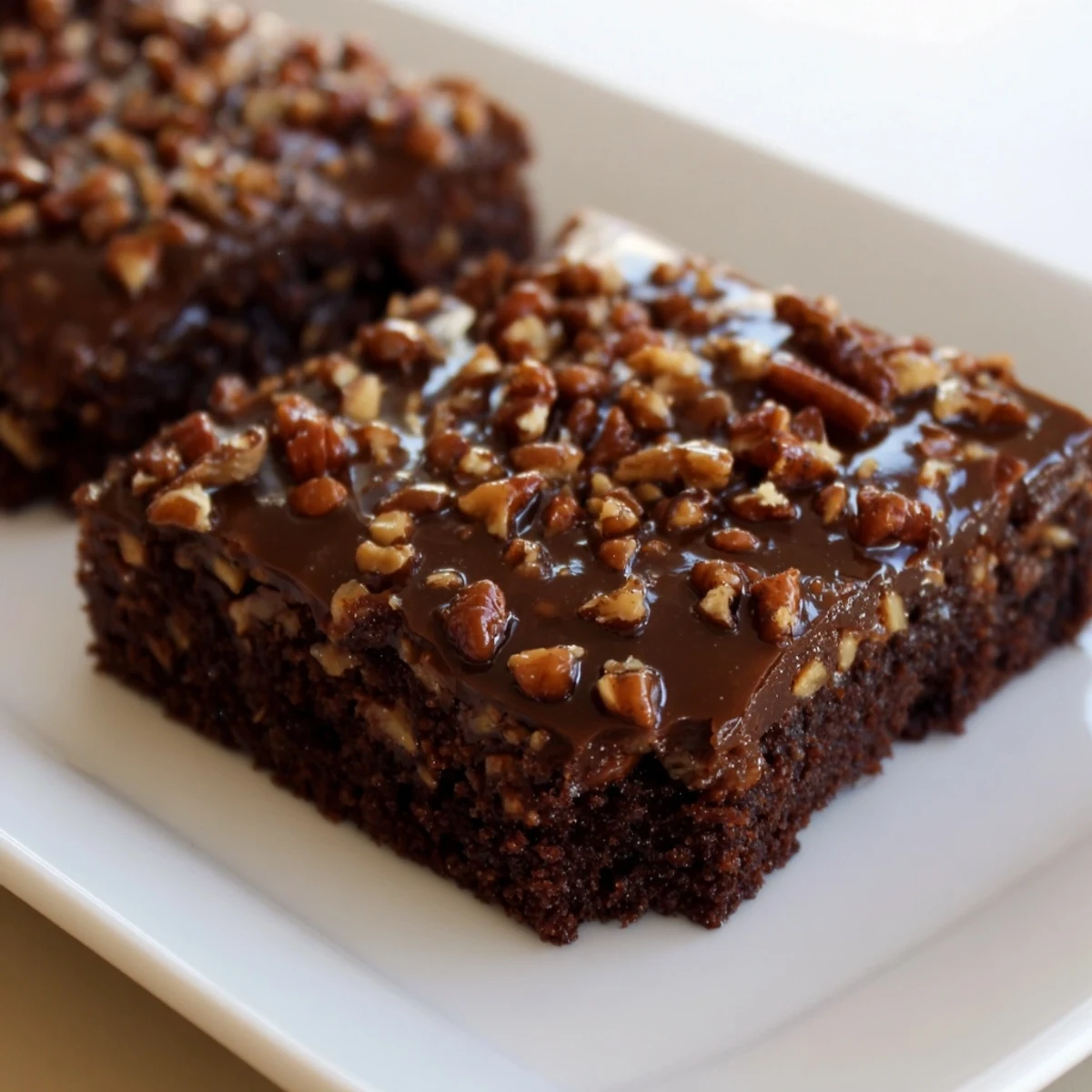 A platter of Southern New Orleans Praline Brownies topped with buttery praline and chopped pecans, ready to serve.