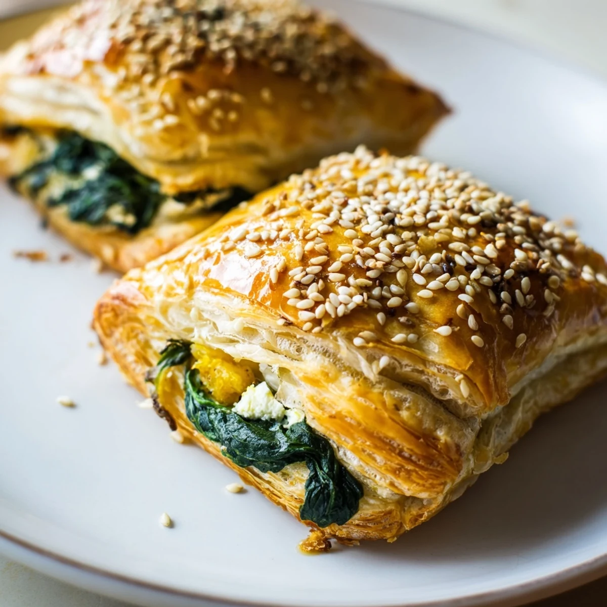 Freshly baked Green Spinach and Feta Puff Pastry arranged on a rustic wooden board, garnished with dill and a glass of white wine.