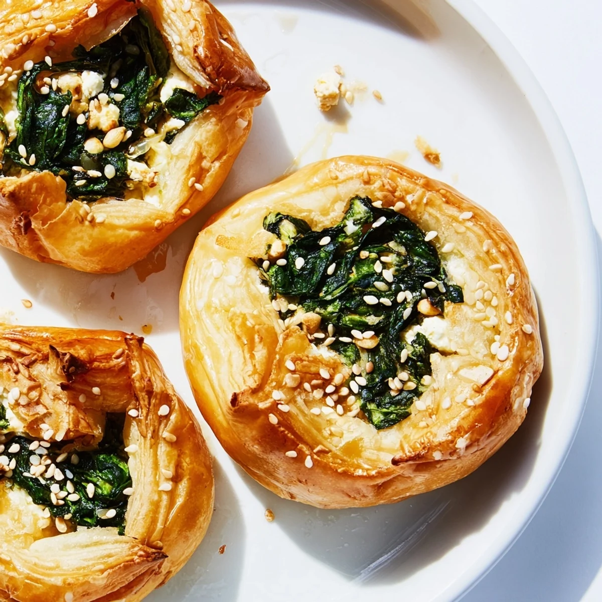 A golden-brown Green Spinach and Feta Puff Pastry broken open to reveal the steaming, creamy spinach and feta filling inside.
