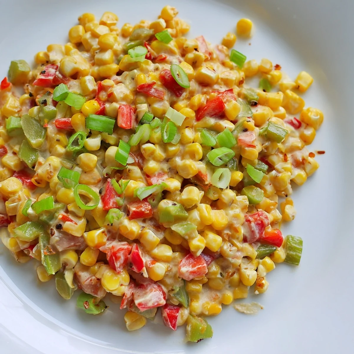 Mardi Gras Maque Choux corn dish sizzling in a skillet with sautéed bell peppers and onions in a creamy sauce.